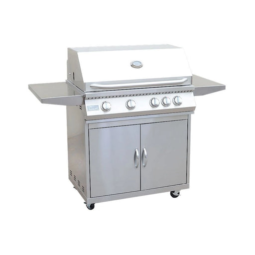 Kokomo Grills 4 Burner 32 Inch Cart Model BBQ Grill with 304 stainless steel, locking casters, side shelves, and temperature gauge.
