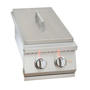 Kokomo Grills Professional Double Side Burner with stainless steel cover, illuminated knobs, and dual 12,000 BTU brass burners.