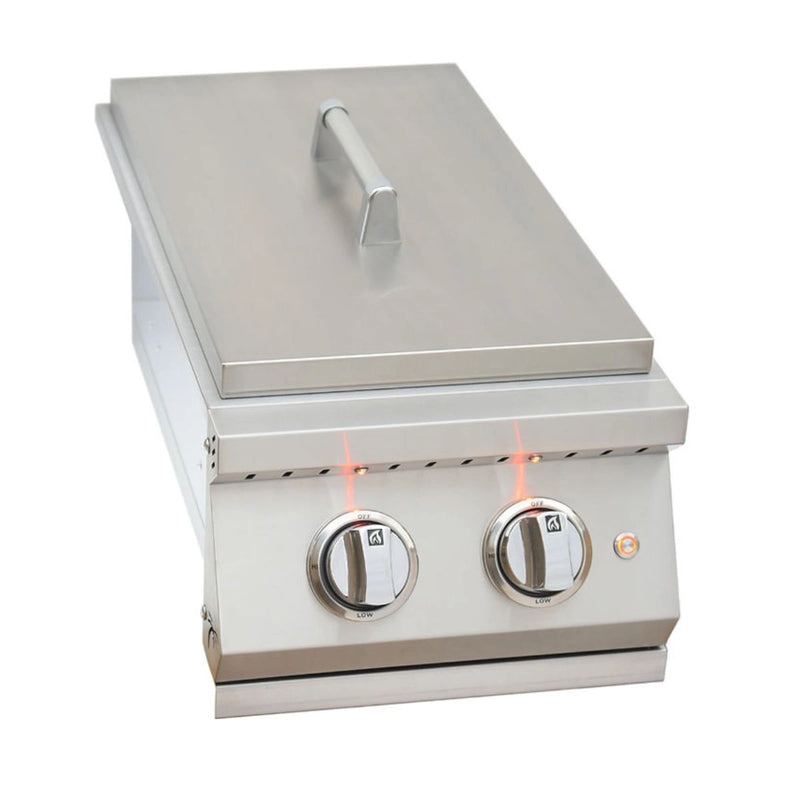 Kokomo Grills Professional Double Side Burner with stainless steel cover, illuminated knobs, and dual 12,000 BTU brass burners.