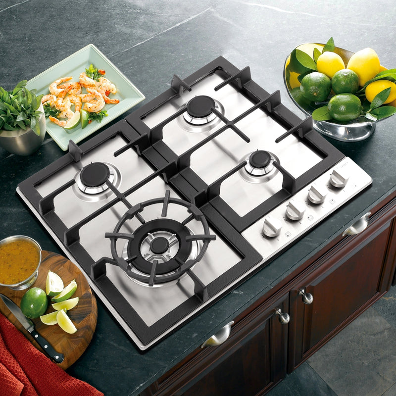 Cosmo 24" Gas Cooktop, 4 Sealed Burners, 16,000 BTU Super Rapid Burner, Cast-Iron Grates, COS-640STX-E