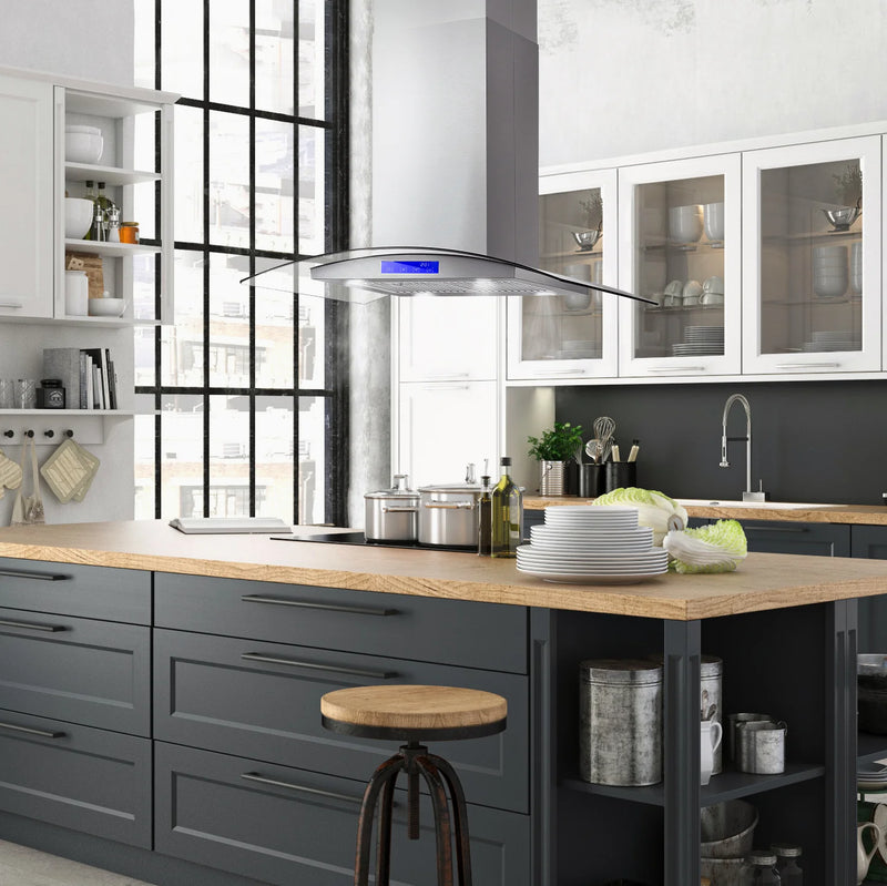 Cosmo 36" Lumin Collection Island-Mount Range Hood in Stainless Steel, 380 CFM, Baffle Filters, COS-668ICS900