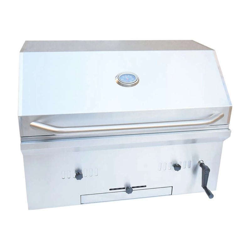 Kokomo Grills 32” Built in Charcoal Grill in stainless steel with temperature gauge, air dampers, charcoal tray, and clean-out drawer.