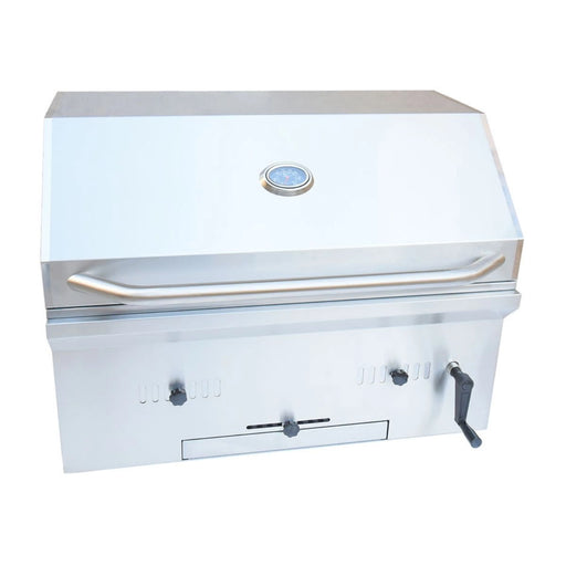 Kokomo Grills 32” Built in Charcoal Grill in stainless steel with temperature gauge, air dampers, charcoal tray, and clean-out drawer.