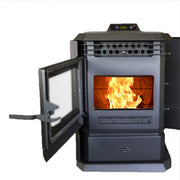 Wood-burning stove with open door showing flames on a white background
