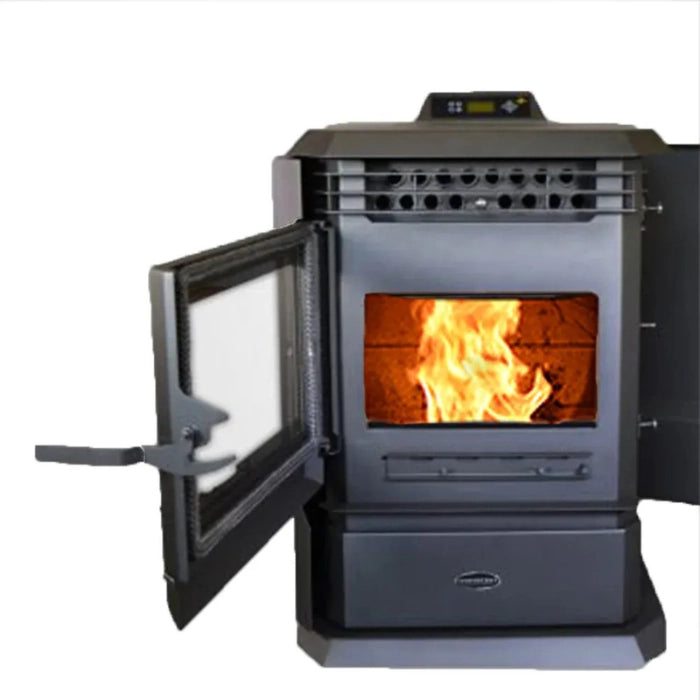 Wood-burning stove with open door showing flames on a white background