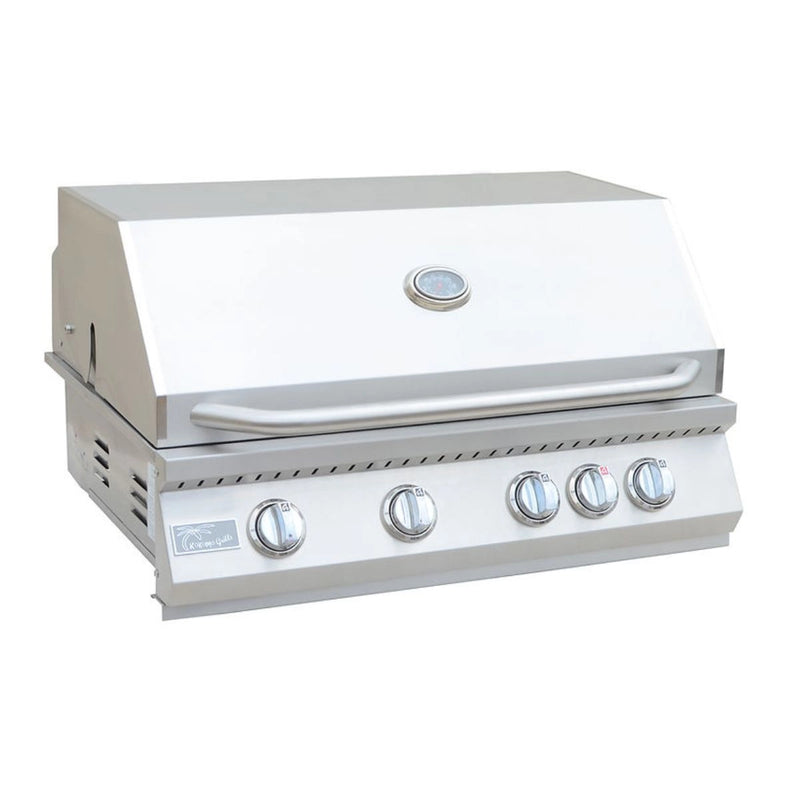 Kokomo Grills Now We're Grilling Kombo Pack stainless steel 4 burner built-in grill with control knobs and built-in thermometer.