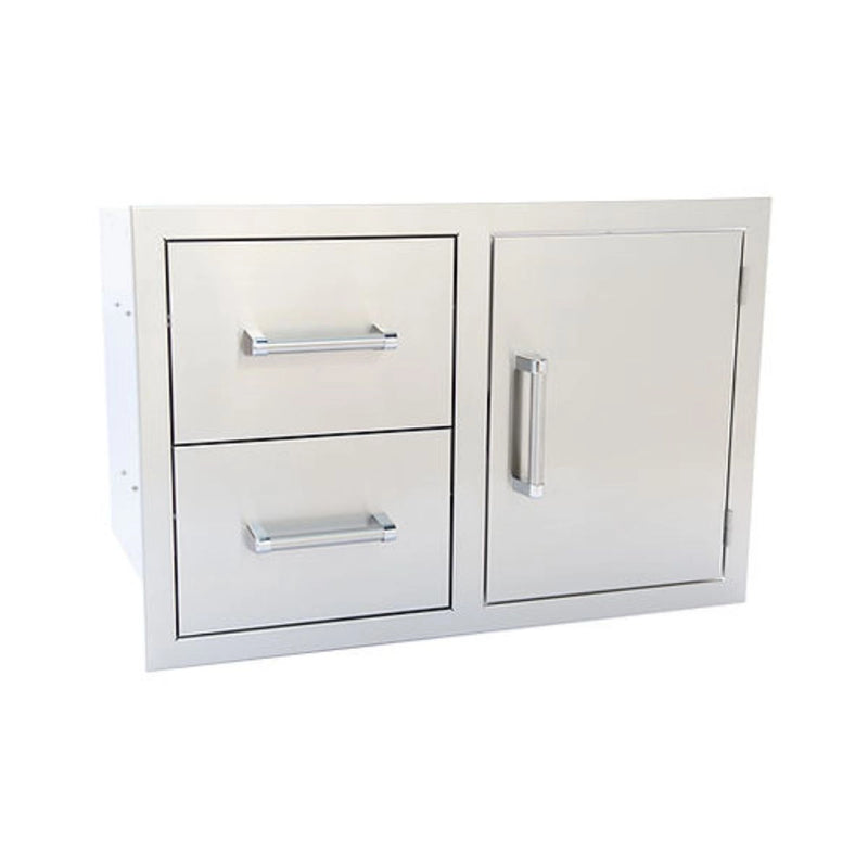 Kokomo Grills Outdoor Kitchen Stainless Steel Two Drawer - One Door Combo with polished bar handles and durable 304 stainless steel.