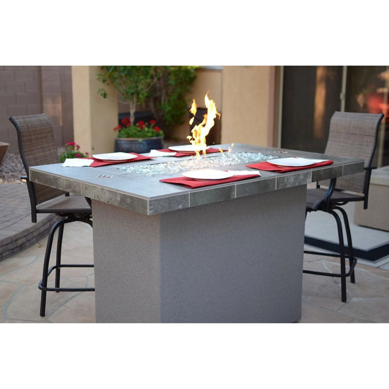 Kokomo Grills Entertainer Bar Gas Fire Pit Table with fire glass, 6' x 42", concrete and porcelain tile, flame centerpiece, seating for six.