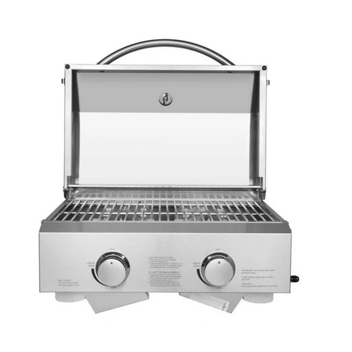 Kokomo Grills On The Go portable stainless steel grill with dual adjustable burners, carry handle, and locking lid for easy transport.