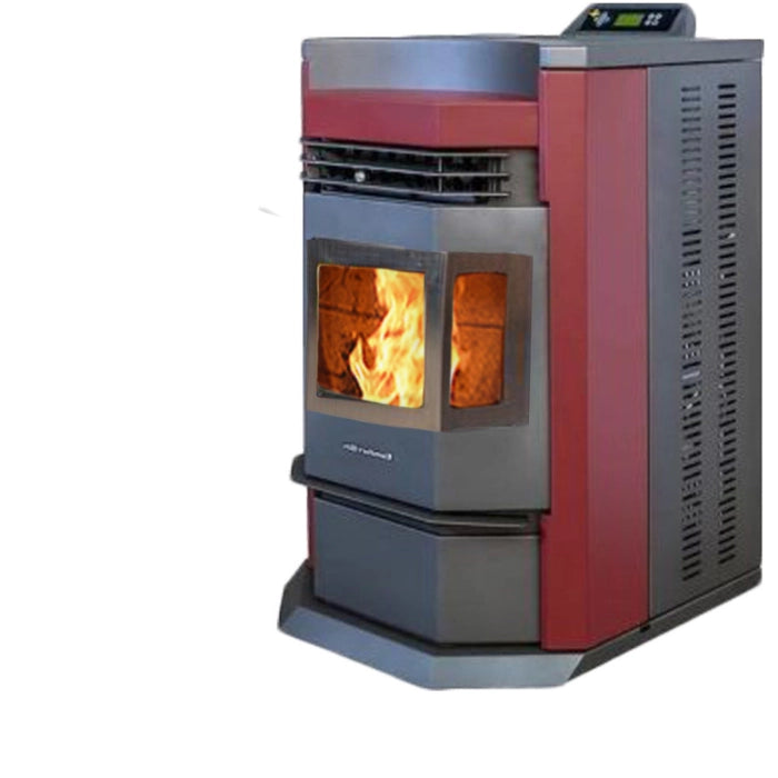 Red and gray pellet stove with visible flames on a white background