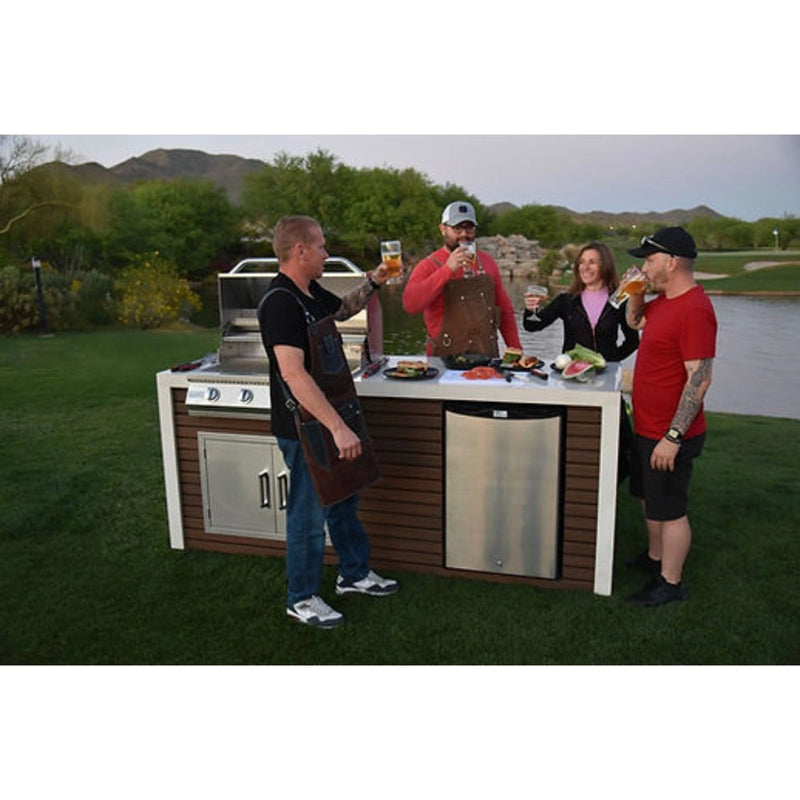 Kokomo Grills Classic Shiplap Outdoor Kitchen with 7'6" size, porcelain waterfall edge, double doors, fridge, and 32" 4 burner grill