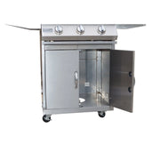 Kokomo Grills 3 Burner 26 inch stainless steel cart model BBQ grill with locking casters, side shelves, and double access doors open.