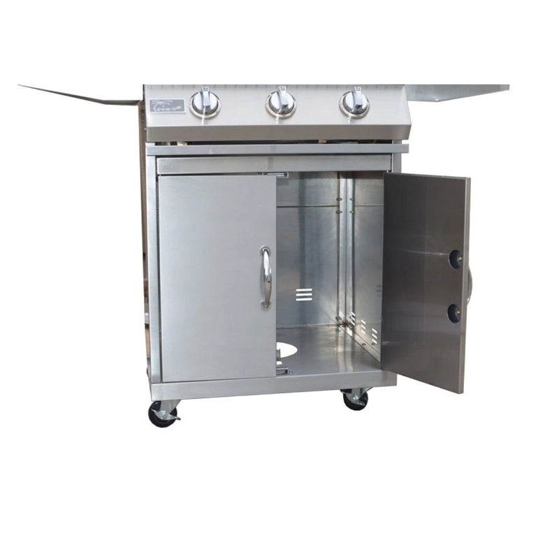Kokomo Grills 3 Burner 26 inch stainless steel cart model BBQ grill with locking casters, side shelves, and double access doors open.