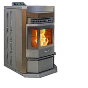 Pellet stove with visible flames on a white background