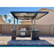 Kokomo Grills Aruba BBQ Island with 12' x 12' pergola, 4 burner grill, stone accents, tile countertop, and fan with lights.