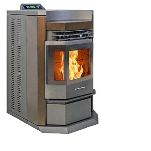 Pellet stove with visible flames on a white background