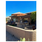 Kokomo Grills Aruba BBQ Island L-shape 6'x9'6" with Spectrum Brown stucco, 4-burner grill, side burner, fridge, and round bar.