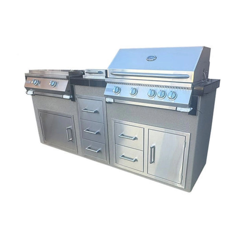Kokomo Grills Teppanyaki 7'6" Modular BBQ Island with stainless steel 4-burner grill, side burner, griddle, and storage drawers.