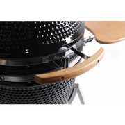 Kokomo Grills 21 Inch Kamado KoKoMo Ceramic BBQ Grill with black textured ceramic body and wooden side handle detail.