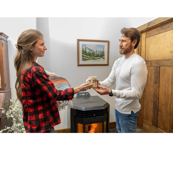 Two people by a fireplace with a scenic painting on the wall.