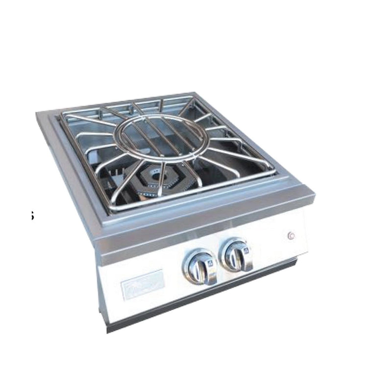 Kokomo Grills Professional Built-in Power Burner with stainless steel body, removable wok grate, and LED-lit control knobs for outdoor cooking.