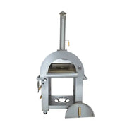 Kokomo Grills 32 Inch Dual Fuel Pizza Oven in stainless steel with built-in gauge, oven cart, chimney, and accessory kit.