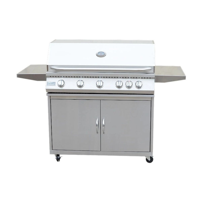 Kokomo Grills 5 Burner 40 Inch Cart BBQ Grill in stainless steel with locking casters, five knobs, side shelves, and storage doors.