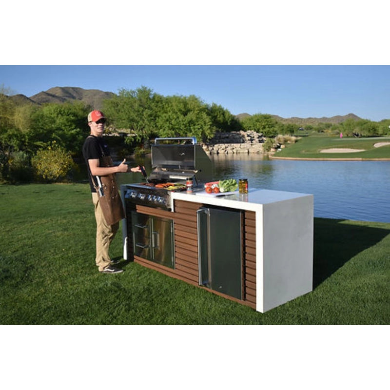 Kokomo Grills Professional Shiplap Outdoor Kitchen with 7'6" shiplap siding, porcelain countertop, 4-burner grill, and outdoor refrigerator