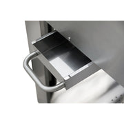 Kokomo Grills 32” Wood Fired Stainless Steel Pizza Oven with ash clean-out tray and sturdy stainless steel handle on oven cart.