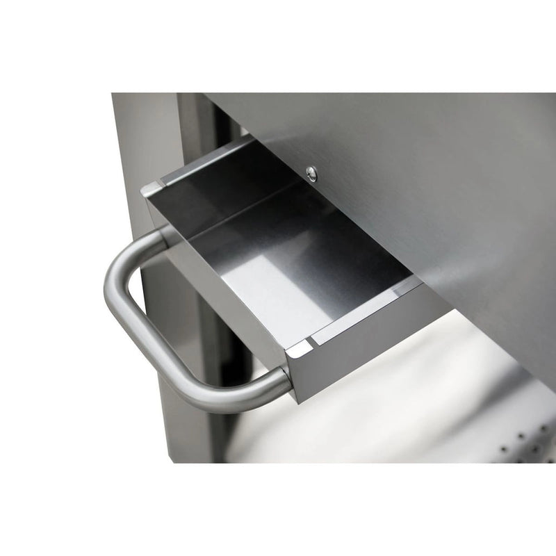 Kokomo Grills 32” Wood Fired Stainless Steel Pizza Oven with ash clean-out tray and sturdy stainless steel handle on oven cart.