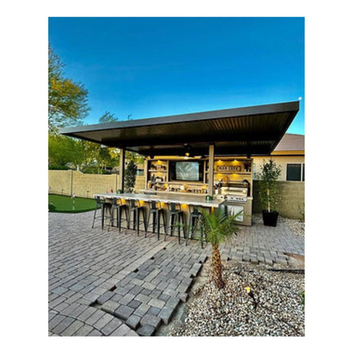 Kokomo Grills Fantasy Island 20'x20' with 70" TV, 5 burner grill, aluminum roof, bar seating, and outdoor lighting.