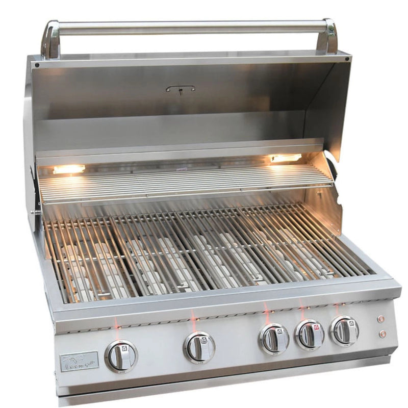 Kokomo Grills 32” Professional Built in Gas Grill with 4 stainless steel burners, back burner, interior lights, and knob illumination.