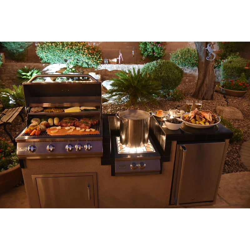 Kokomo Grills Built-in Power Burner with removable grate for wok, stainless steel, SureLight ignition, and full-width drip tray.