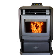 Wood-burning stove with visible flames on a white background