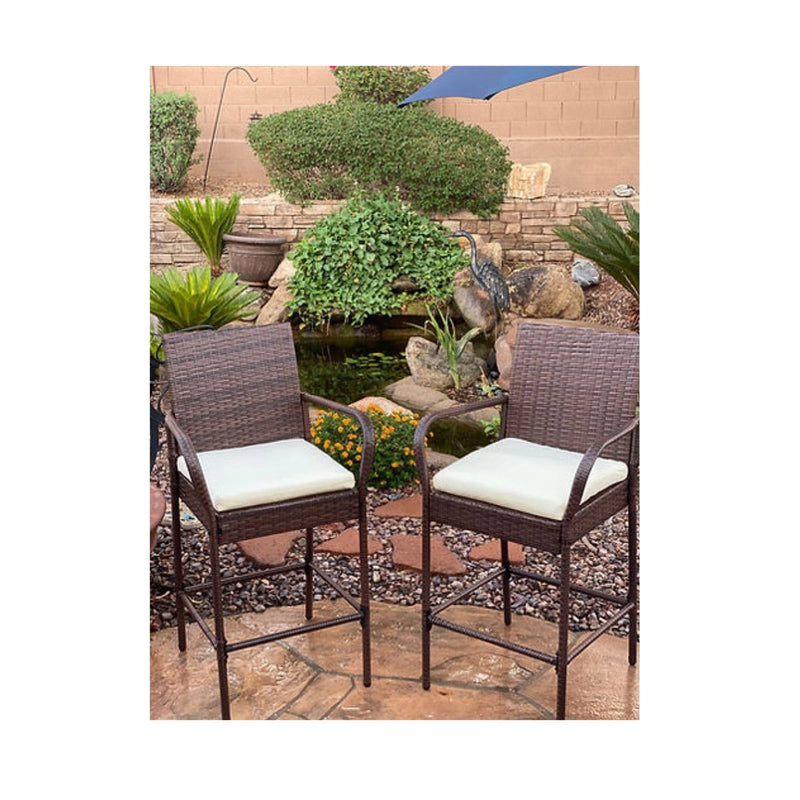 Kokomo Grills Rattan Outdoor Bar Stools 2 Pack with armrest, footrest, 30” seat height, and white cushions for patio bars.