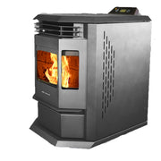 Wood pellet stove with visible flames on a white background