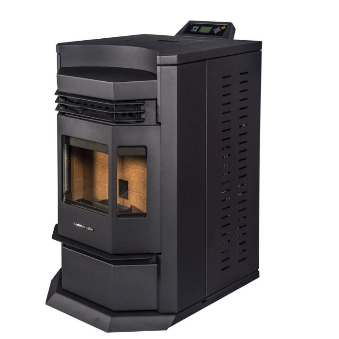Black pellet stove on a white background