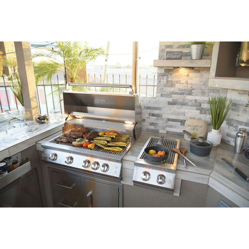 Kokomo Grills Best Outdoor Kitchen Bermuda BBQ Island with 4 burner grill, side burners, and stainless steel cabinet storage.