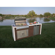 Kokomo Grills Classic Shiplap Outdoor Kitchen with 7'6" size, porcelain tile waterfall edge, stainless steel grill and refrigerator.