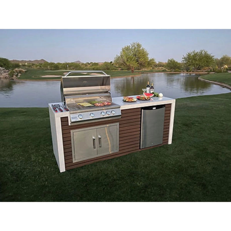 Kokomo Grills Classic Shiplap Outdoor Kitchen with 7'6" size, porcelain tile waterfall edge, stainless steel grill and refrigerator.