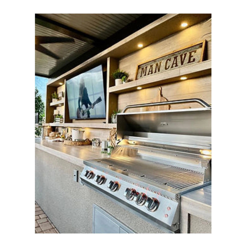 Kokomo Grills Fantasy Island 20'x20' with 5 burner 40" stainless steel grill, 70" TV, bar lighting, and aluminum roof.