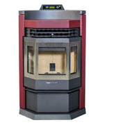 Wood-burning stove with red and gray design on a white background