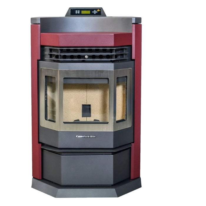 Wood-burning stove with red and gray design on a white background