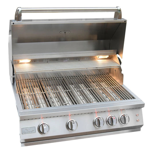 Kokomo Grills 32” Professional Built in Gas Grill with 4 stainless steel burners, back burner, interior lights, and knob illumination.