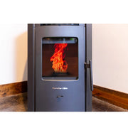 Wood burning stove with visible flames inside, branded 'ComfortBilt'.