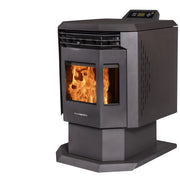 Black pellet stove with visible flames on a white background