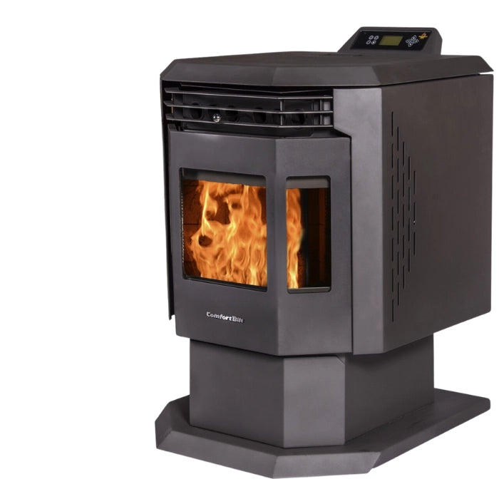 Black pellet stove with visible flames on a white background
