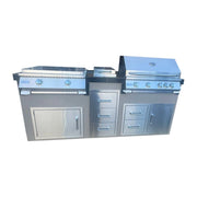 Kokomo Grills Teppanyaki 7'6" outdoor BBQ island with stainless steel griddle, 4-burner grill, side burner, and storage drawers.