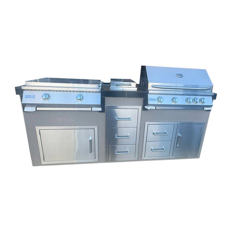 Kokomo Grills Teppanyaki 7'6" outdoor BBQ island with stainless steel griddle, 4-burner grill, side burner, and storage drawers.