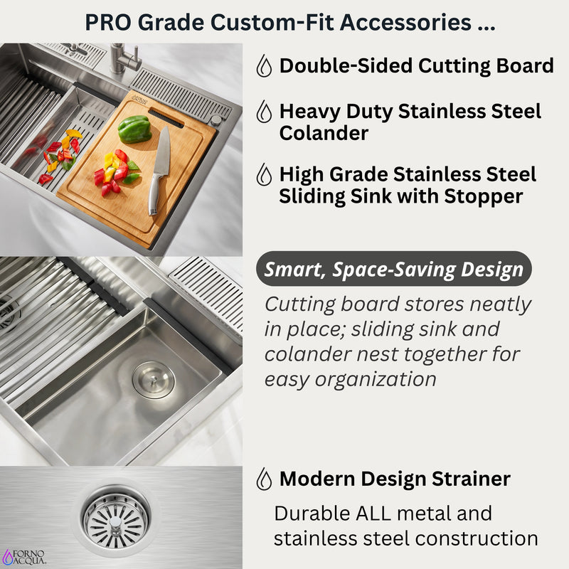 FORNO ACQUA 45 in. Drop-In/Undermount 3-Level Workstation Sink with Two Faucets & Glass Rinser